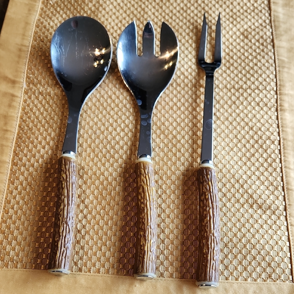 Faux Antler Handler Serving Set 3 Utensils BBQ Salad Servers Fork